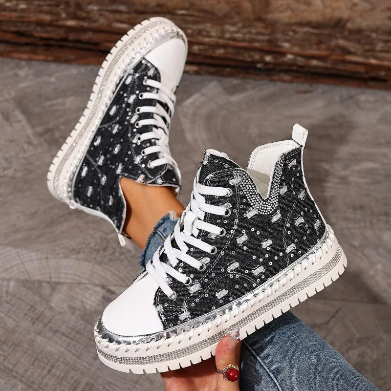 Kassidy - Women's Distressed Denim High-Top Sneakers with Studded Trim