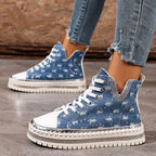 Kassidy - Women's Distressed Denim High-Top Sneakers with Studded Trim