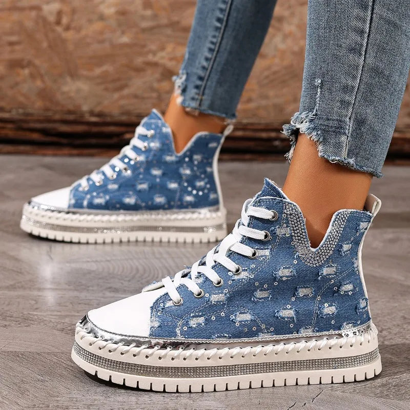 Kassidy - Women's Distressed Denim High-Top Sneakers with Studded Trim