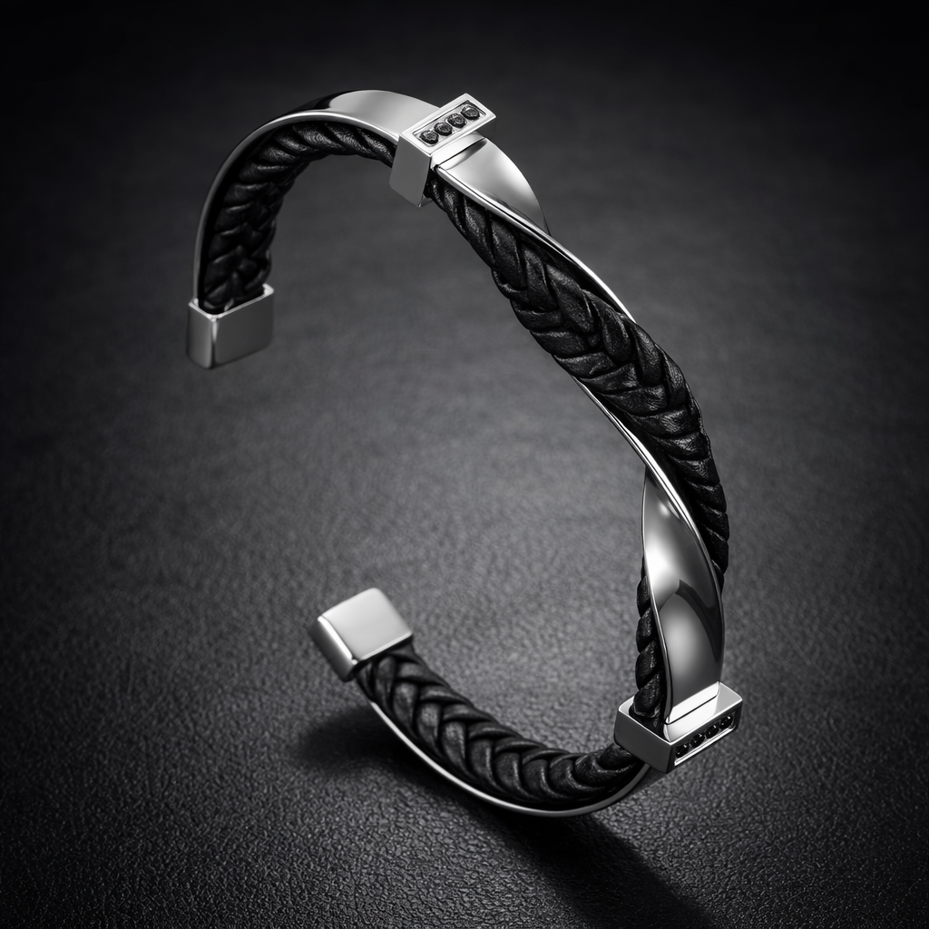 Kellan - Men's Twisted Leather Cuff Bracelet with Polished Steel