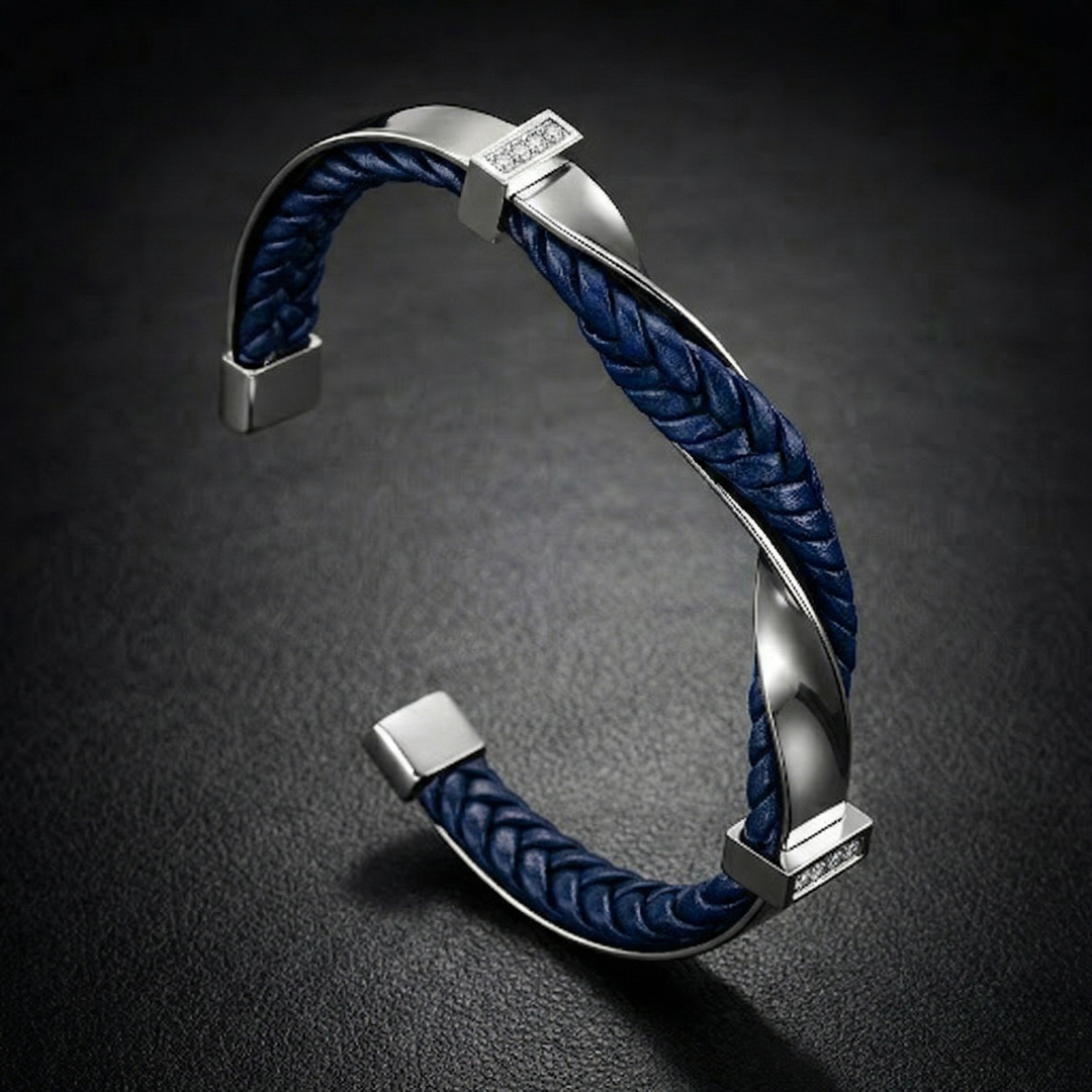 Kellan - Men's Twisted Leather Cuff Bracelet with Polished Steel