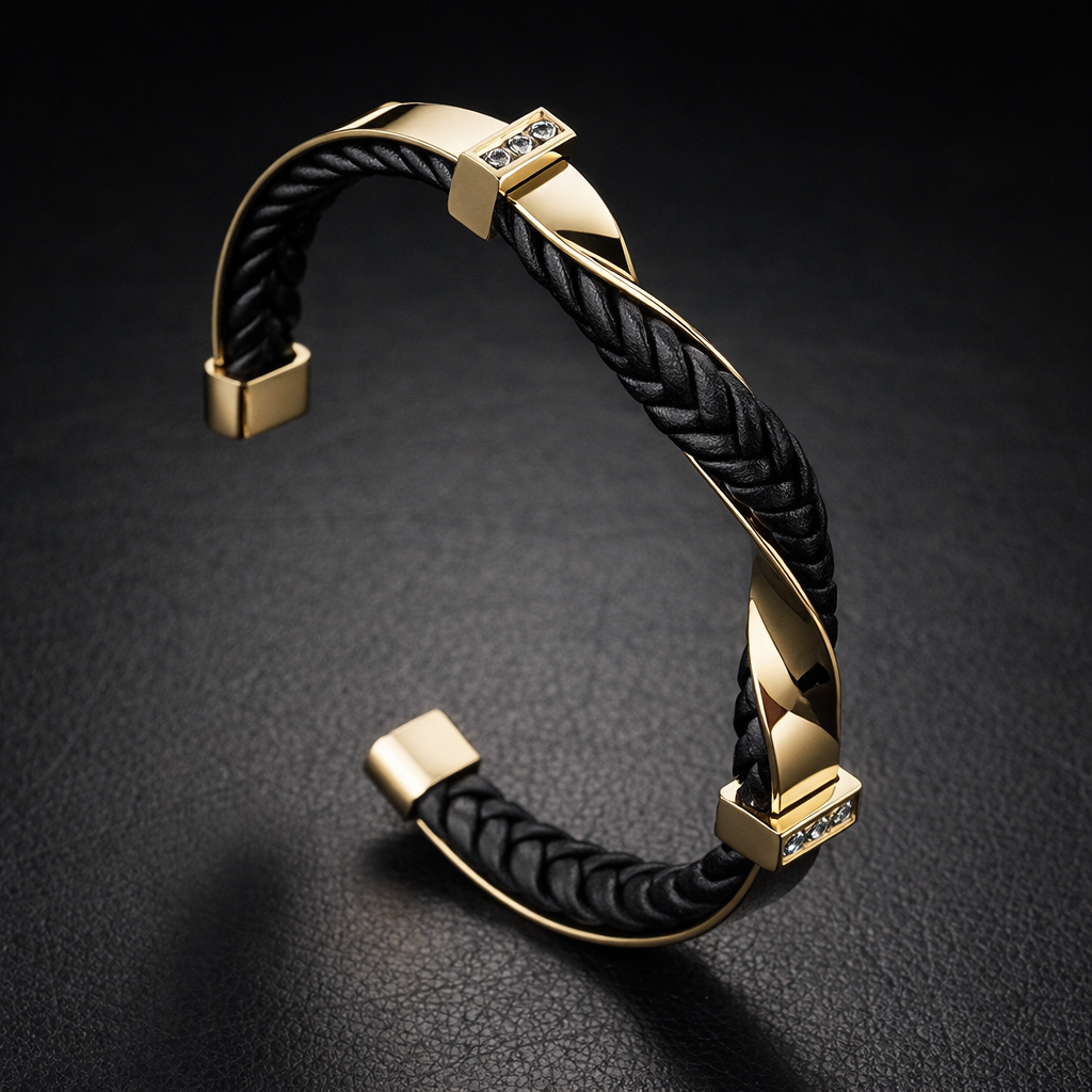 Kellan - Men's Twisted Leather Cuff Bracelet with Polished Steel