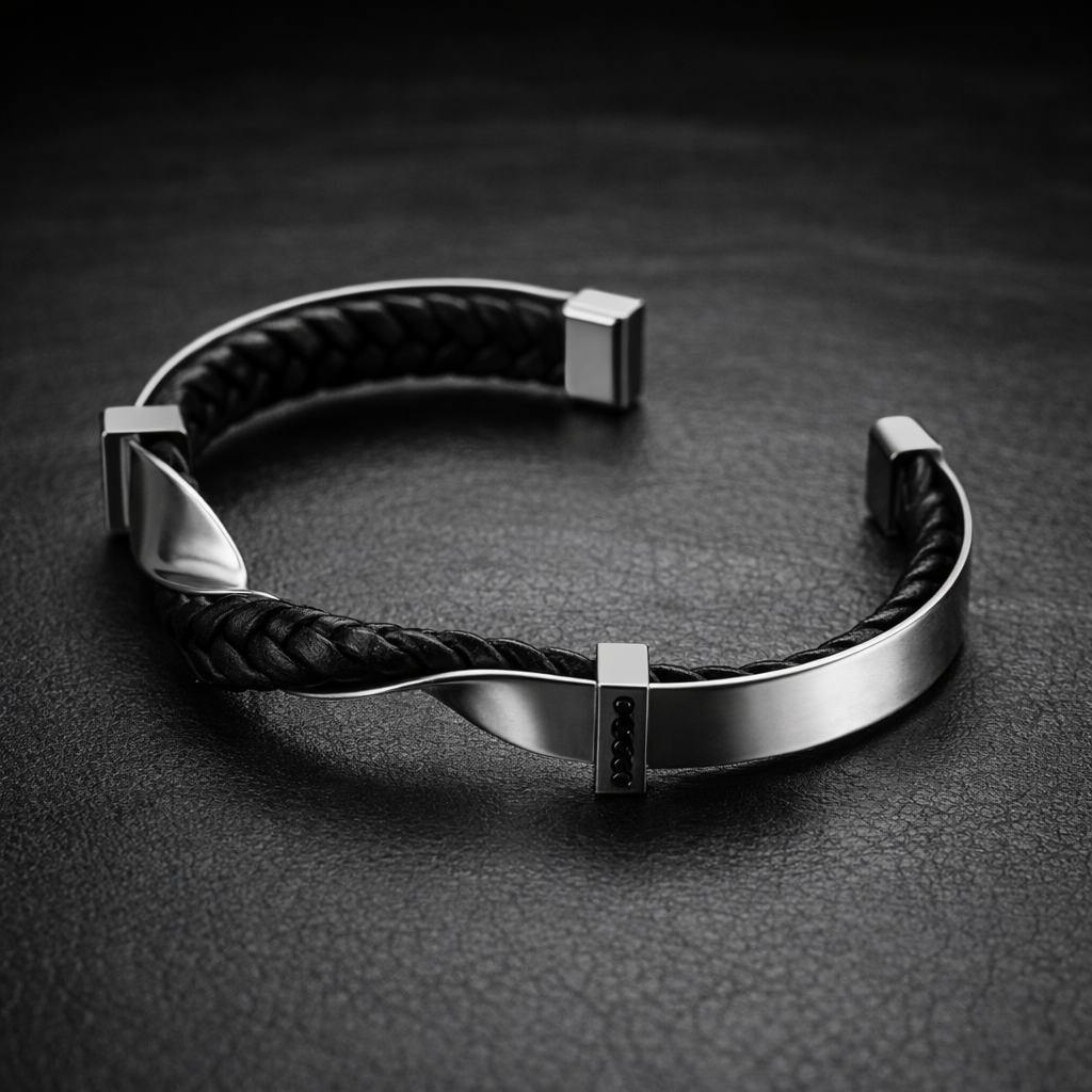 Kellan - Men's Twisted Leather Cuff Bracelet with Polished Steel