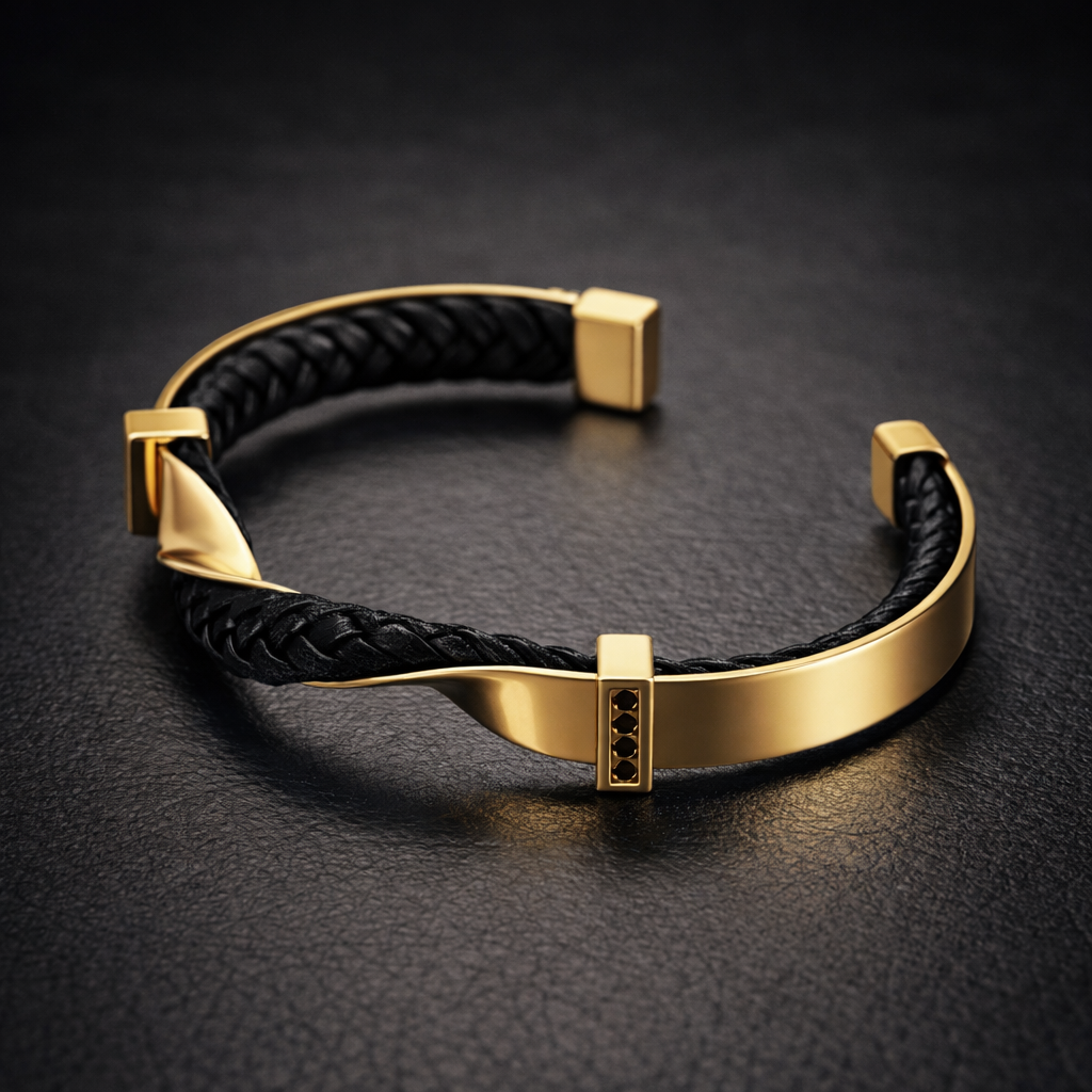 Kellan - Men's Twisted Leather Cuff Bracelet with Polished Steel