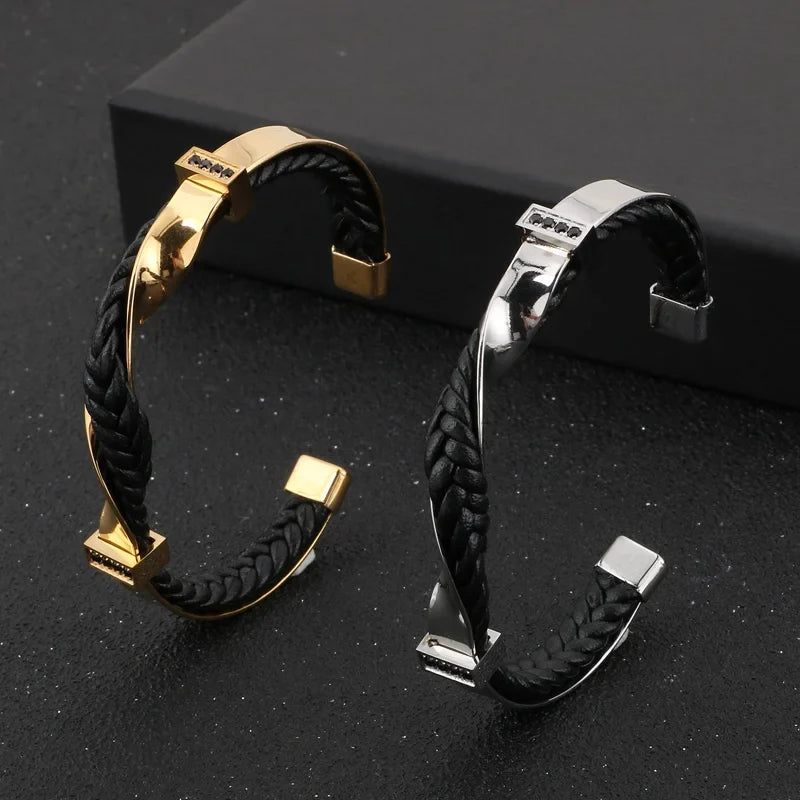Kellan - Men's Twisted Leather Cuff Bracelet with Polished Steel