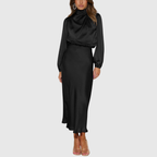 Kendra - Women's Satin Mock Neck Long Sleeve Maxi Dress