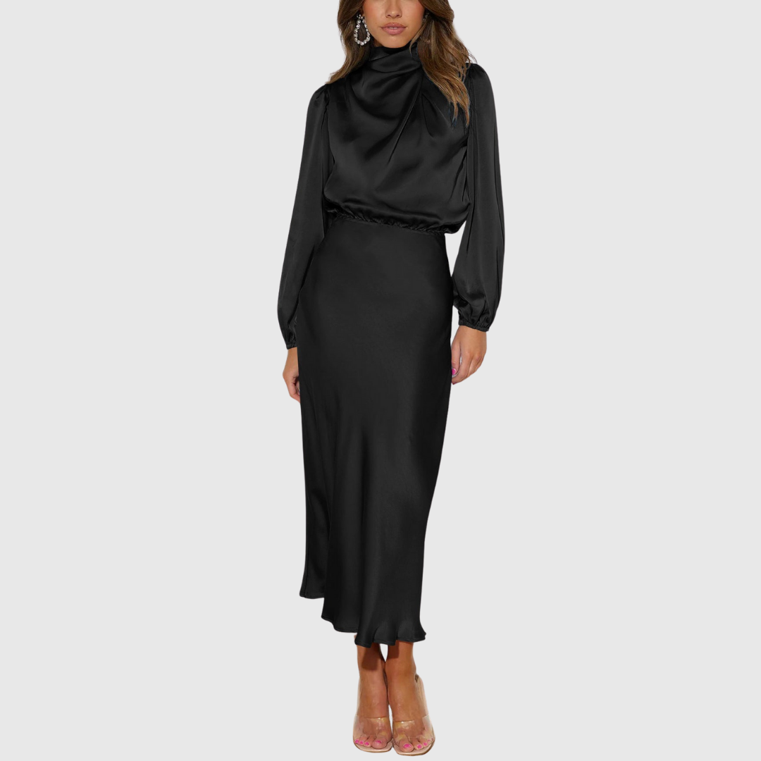 Kendra - Women's Satin Mock Neck Long Sleeve Maxi Dress