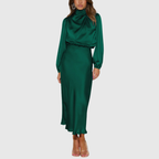 Kendra - Women's Satin Mock Neck Long Sleeve Maxi Dress