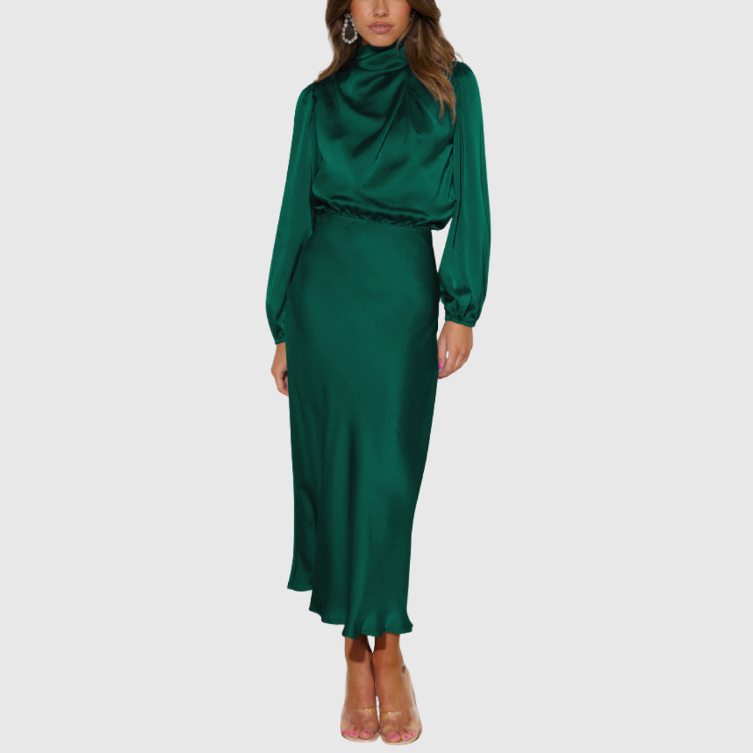 Kendra - Women's Satin Mock Neck Long Sleeve Maxi Dress