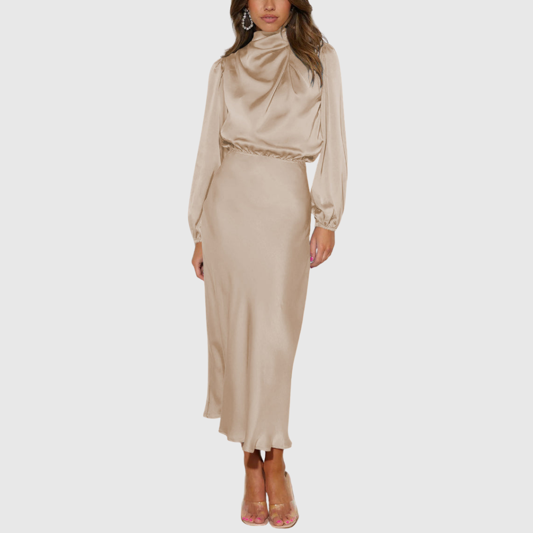 Kendra - Women's Satin Mock Neck Long Sleeve Maxi Dress