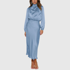 Kendra - Women's Satin Mock Neck Long Sleeve Maxi Dress