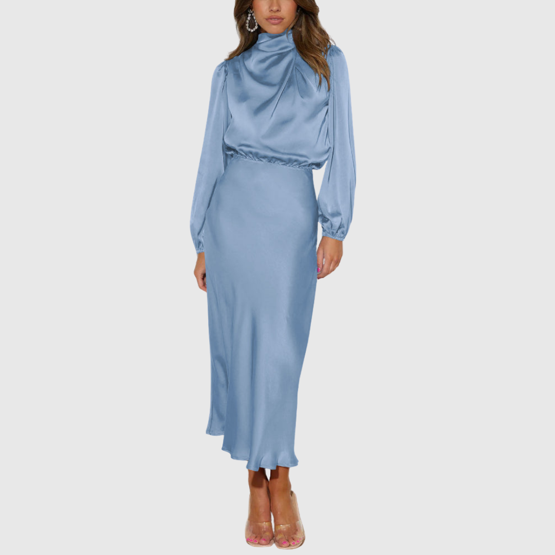 Kendra - Women's Satin Mock Neck Long Sleeve Maxi Dress
