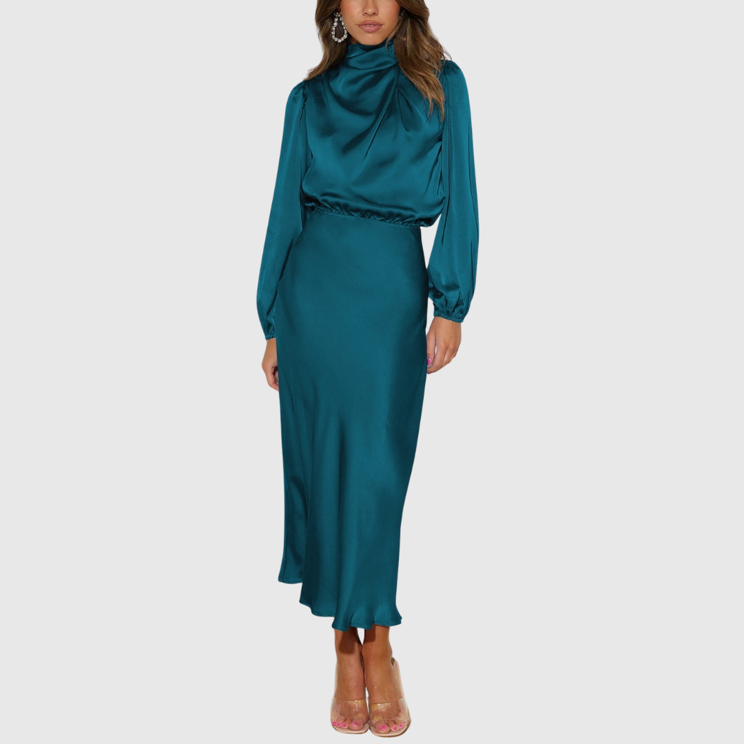 Kendra - Women's Satin Mock Neck Long Sleeve Maxi Dress