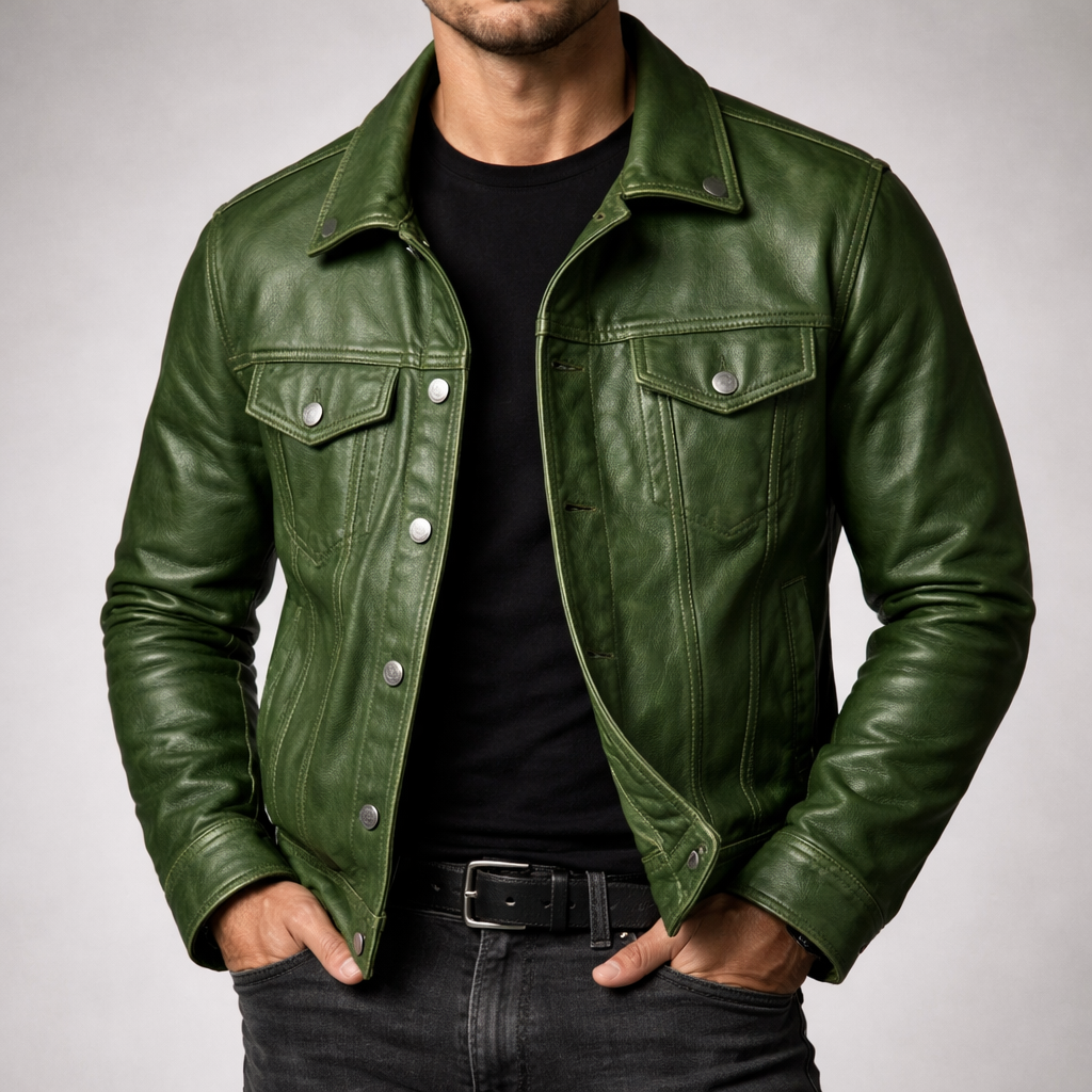 Kieran - Men's Leather Jacket with Snap-Button Front