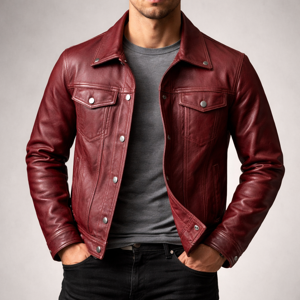 Kieran - Men's Leather Jacket with Snap-Button Front