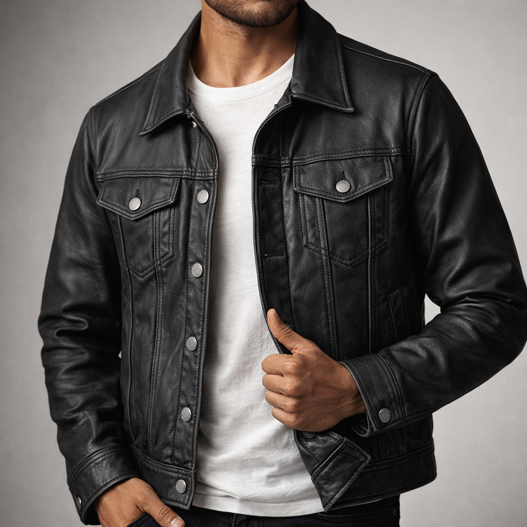 Kieran - Men's Leather Jacket with Snap-Button Front