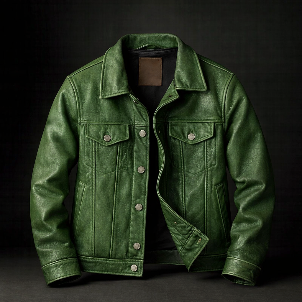 Kieran - Men's Leather Jacket with Snap-Button Front