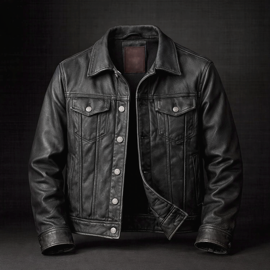 Kieran - Men's Leather Jacket with Snap-Button Front