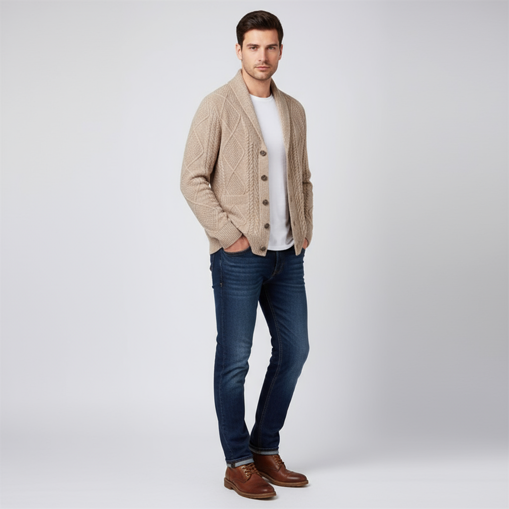 Leonard -  Men's Wool Cable-Knit Button-Front Pocket Cardigan