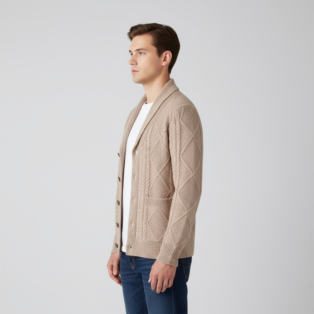 Leonard -  Men's Wool Cable-Knit Button-Front Pocket Cardigan
