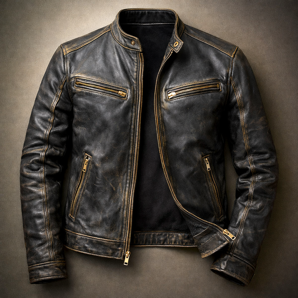 Lorenz - Men's Distressed Leather Jacket with Chest Zip Pockets