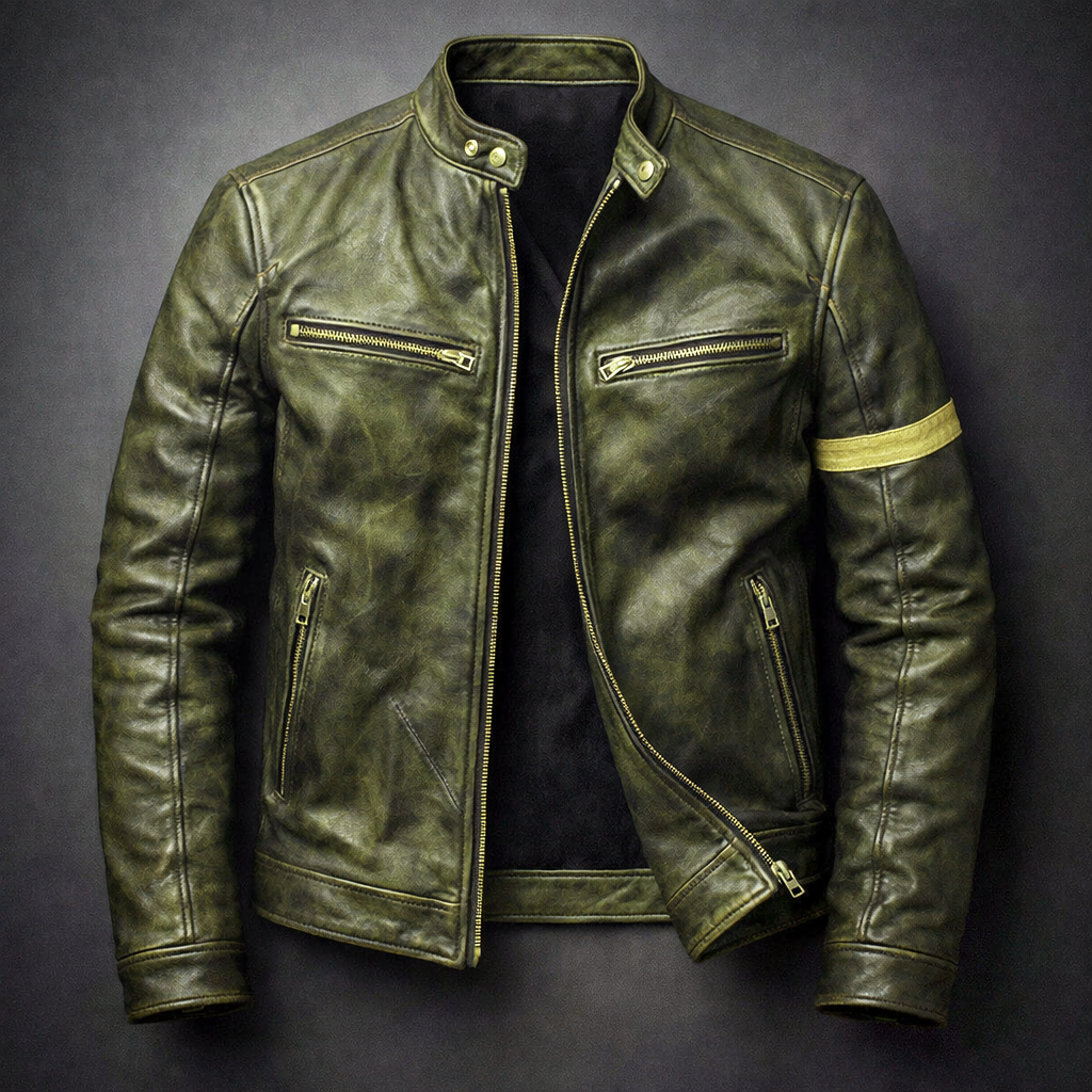 Lorenz - Men's Distressed Leather Jacket with Chest Zip Pockets