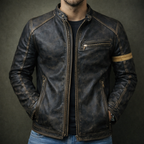 Lorenz - Men's Distressed Leather Jacket with Chest Zip Pockets