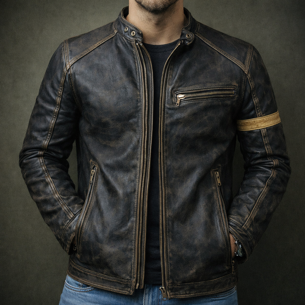 Lorenz - Men's Distressed Leather Jacket with Chest Zip Pockets