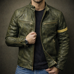 Lorenz - Men's Distressed Leather Jacket with Chest Zip Pockets