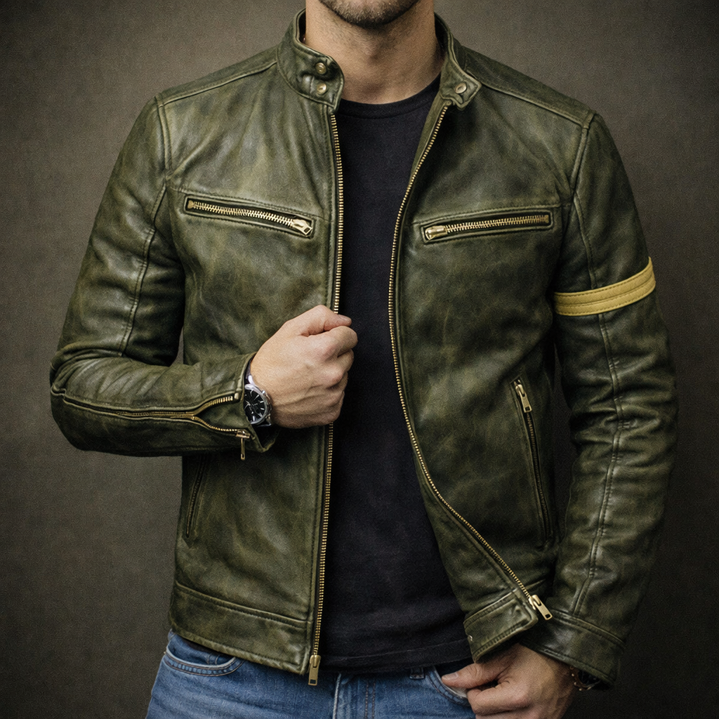 Lorenz - Men's Distressed Leather Jacket with Chest Zip Pockets