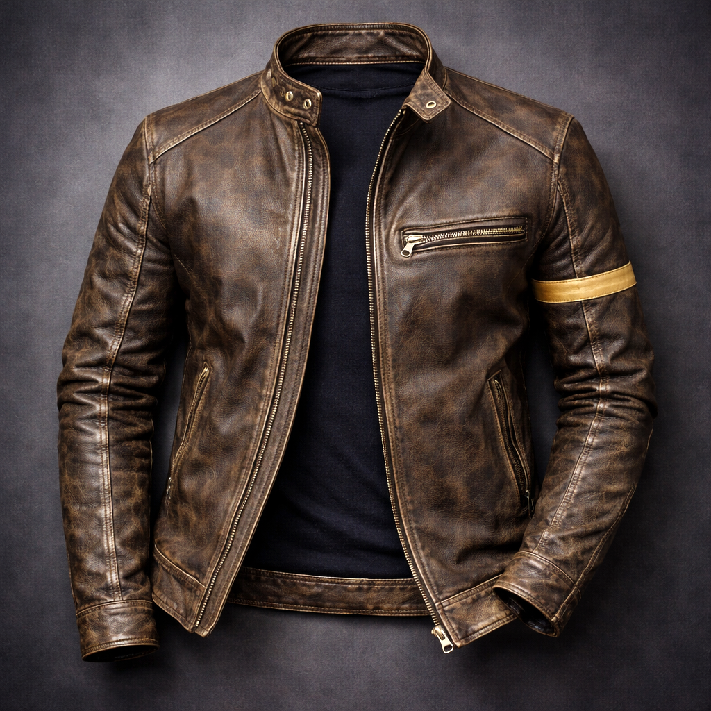 Lorenz - Men's Distressed Leather Jacket with Chest Zip Pockets