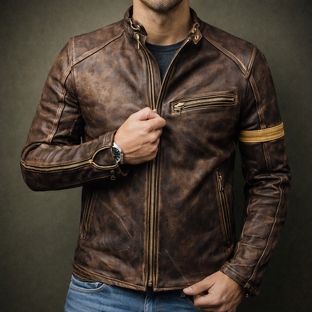 Lorenz - Men's Distressed Leather Jacket with Chest Zip Pockets