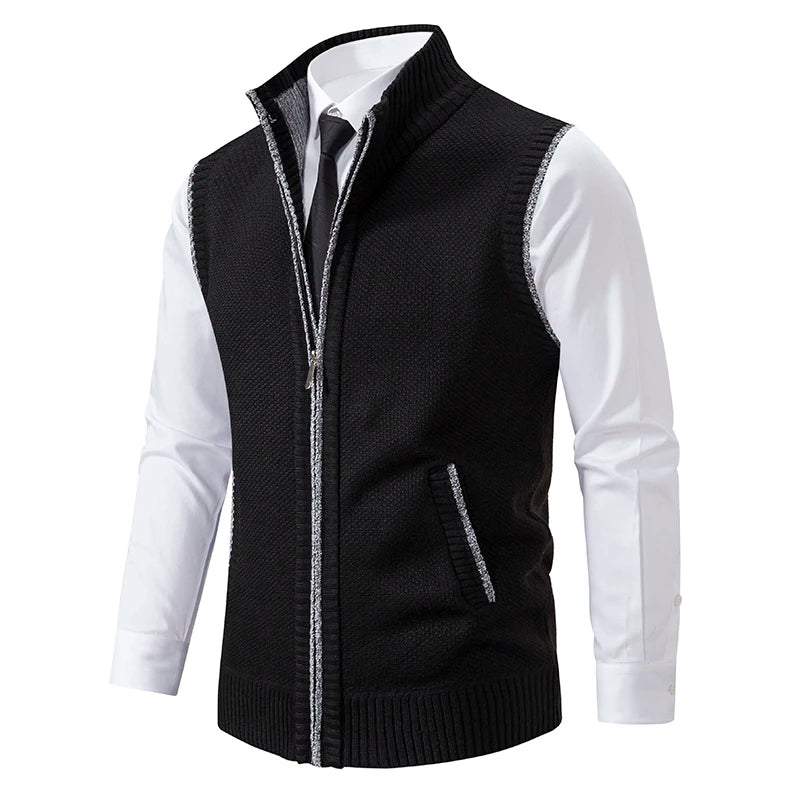 Lucas - Men's Full-Zip Wool-Blend Vest with Ribbed Collar
