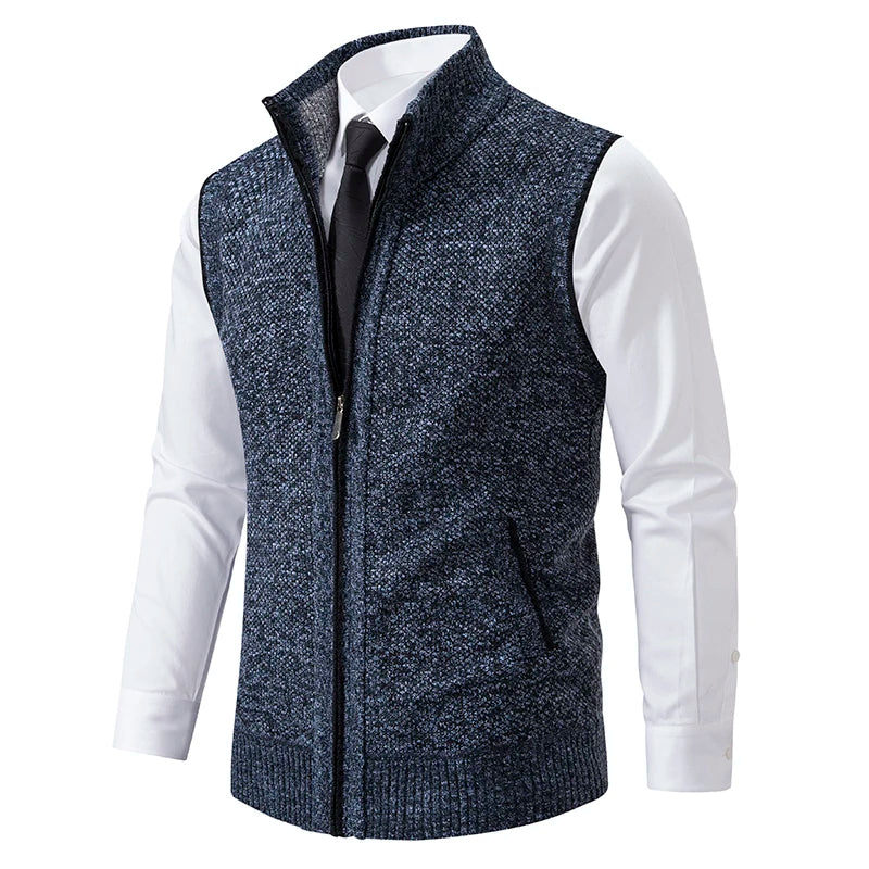 Lucas - Men's Full-Zip Wool-Blend Vest with Ribbed Collar