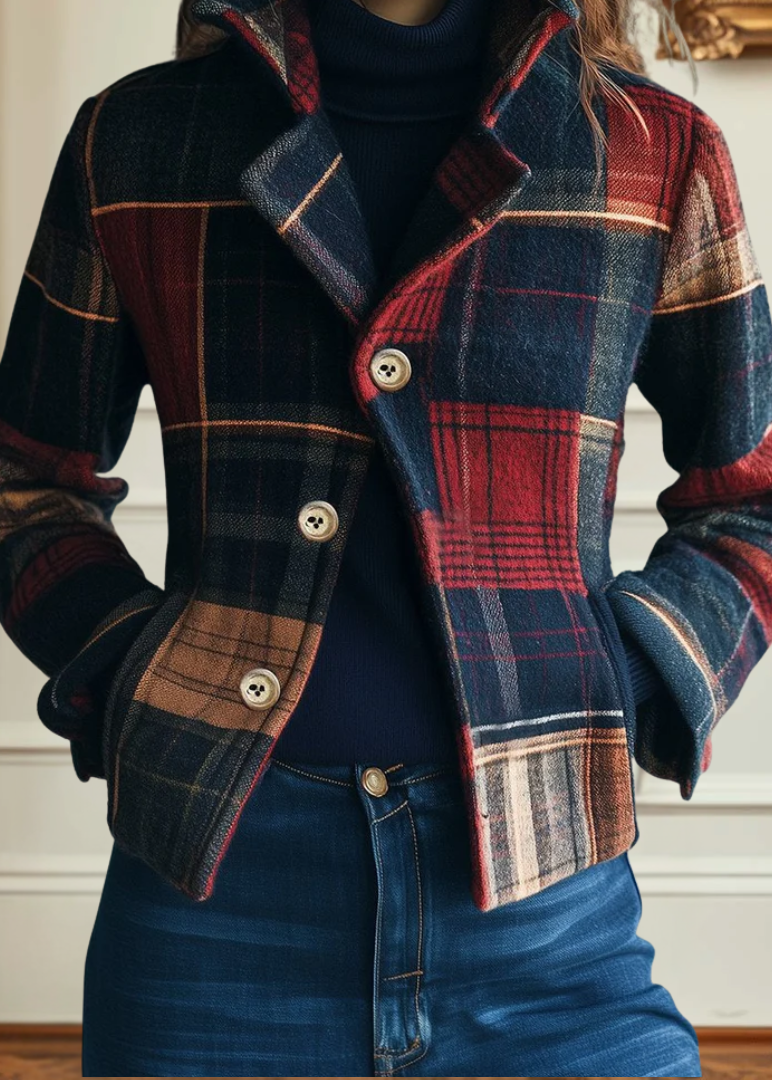 Lucia - Women's Patchwork Plaid Blazer with Notch Collar