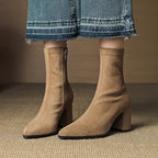 Mara - Women's Pointed-Toe Suede Block Heel Ankle Boots