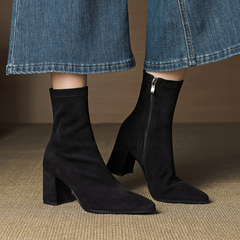 Mara - Women's Pointed-Toe Suede Block Heel Ankle Boots