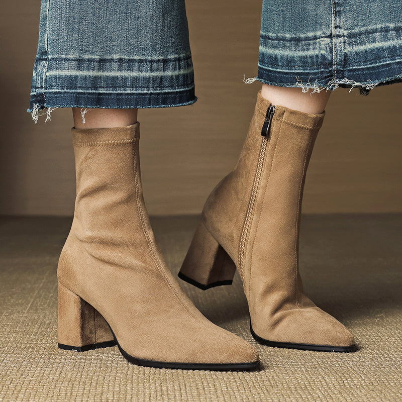 Mara - Women's Pointed-Toe Suede Block Heel Ankle Boots