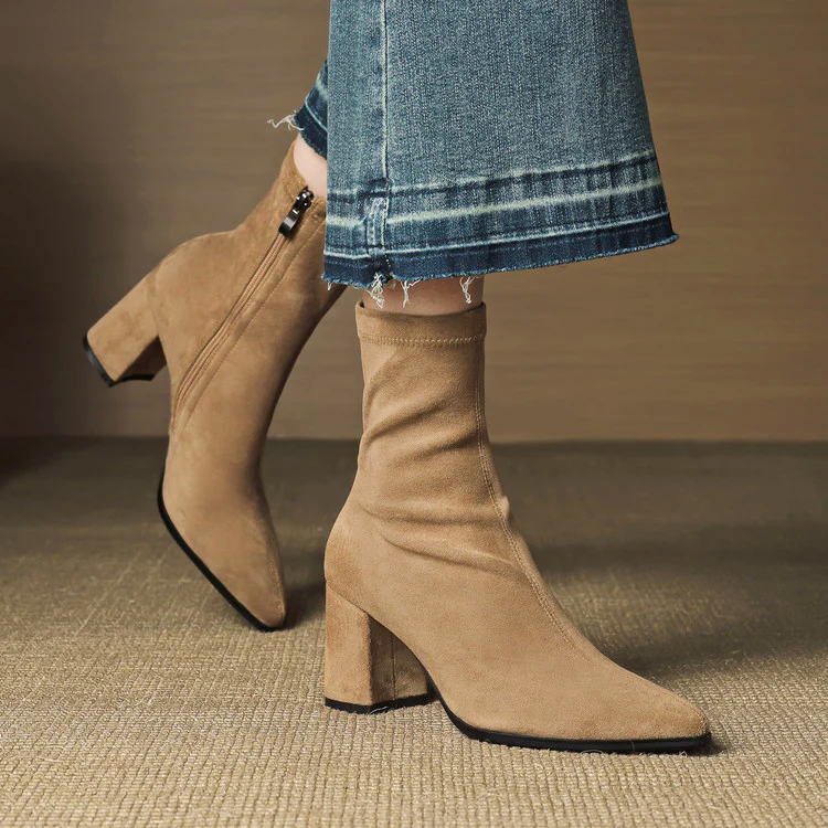 Mara - Women's Pointed-Toe Suede Block Heel Ankle Boots