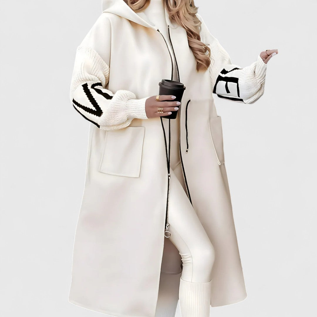 Margie - Women's Hooded Coat with Striped Knit Sleeves