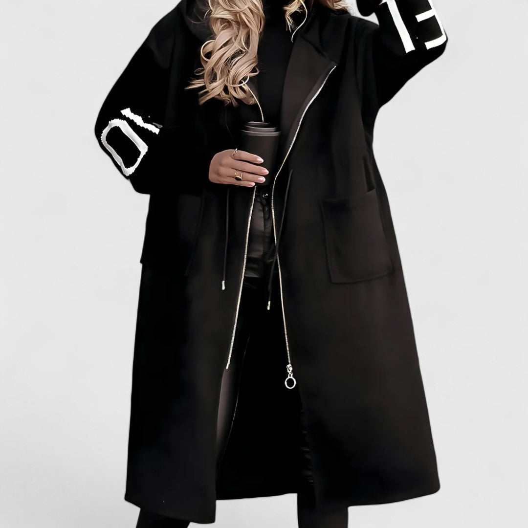 Margie - Women's Hooded Coat with Striped Knit Sleeves