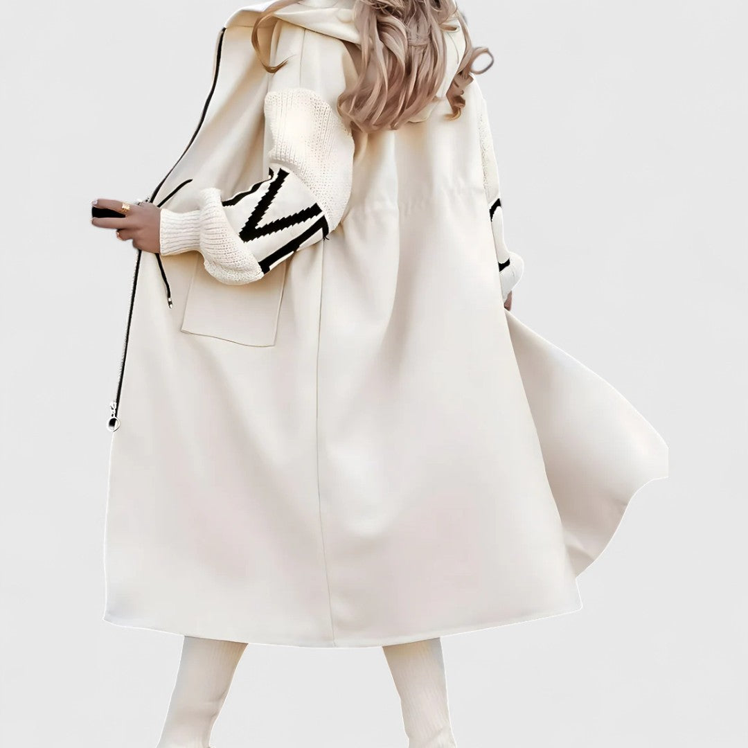 Margie - Women's Hooded Coat with Striped Knit Sleeves