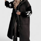 Margie - Women's Hooded Coat with Striped Knit Sleeves