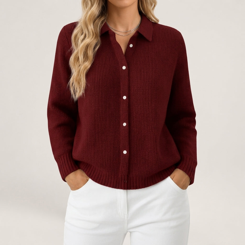 Maribel - Women's Ribbed Knit Button-Front Cardigan with Collar