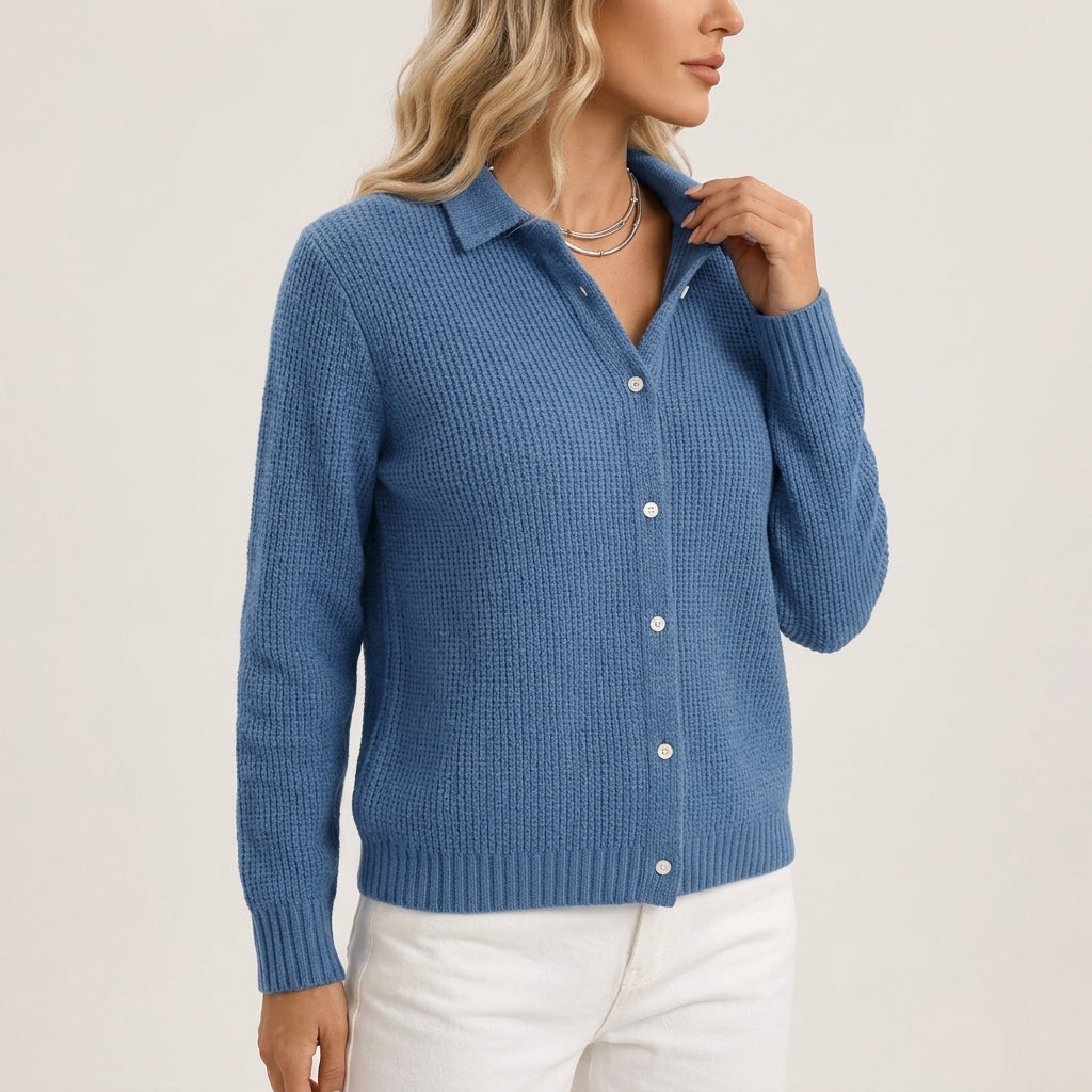 Maribel - Women's Ribbed Knit Button-Front Cardigan with Collar