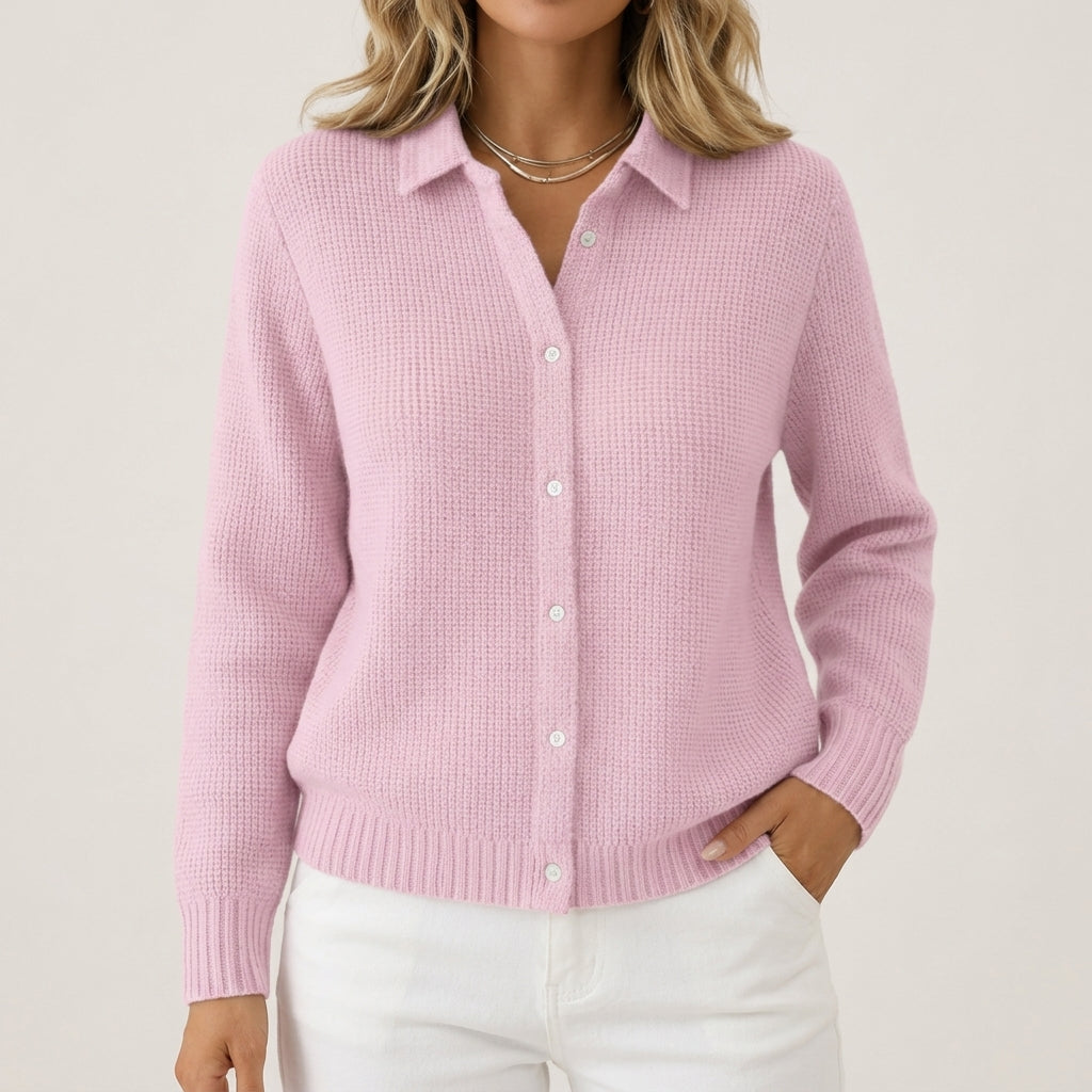 Maribel - Women's Ribbed Knit Button-Front Cardigan with Collar