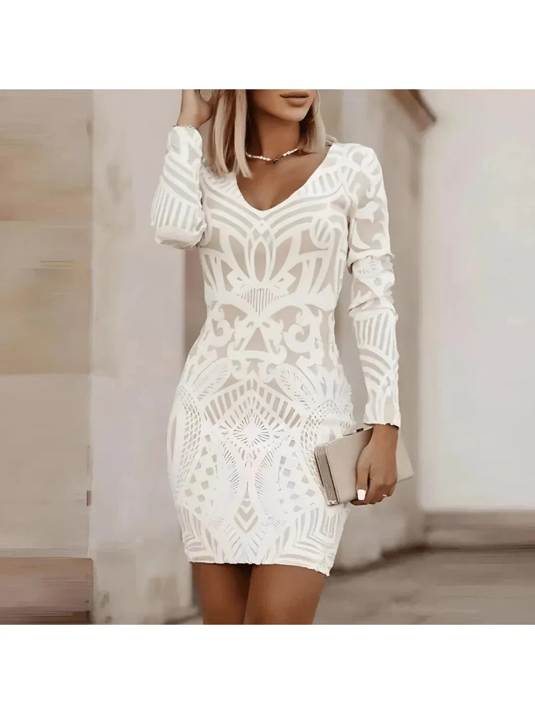 Marinel - Women's Geometric Lace Bodycon Dress with Long Sleeves