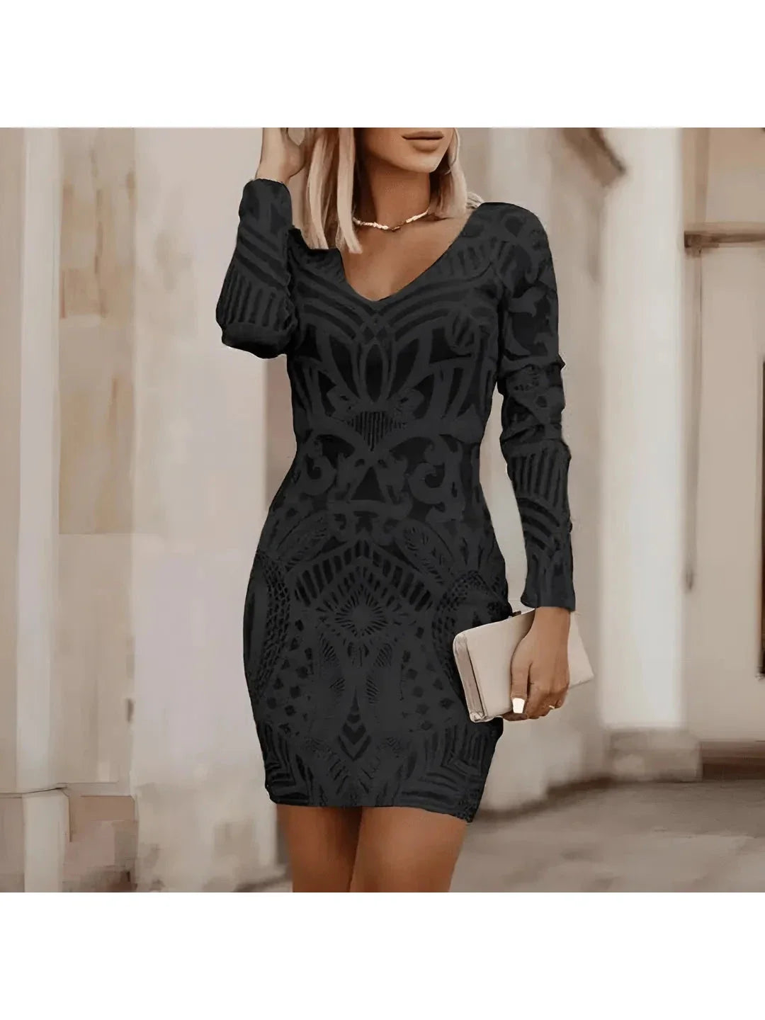Marinel - Women's Geometric Lace Bodycon Dress with Long Sleeves