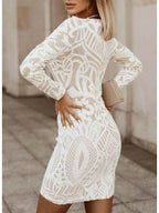 Marinel - Women's Geometric Lace Bodycon Dress with Long Sleeves