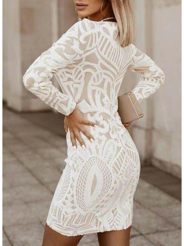 Marinel - Women's Geometric Lace Bodycon Dress with Long Sleeves